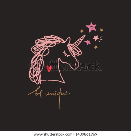 Vector unicorn lettering funny art, baby stylish illustration, unique print for posters, cards, mugs, clothes and other
