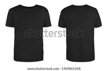 Men's black blank T-shirt template,from two sides, natural shape on invisible mannequin, for your design mockup for print, isolated on white background. Royalty-Free Stock Photo #1409865368