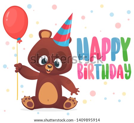 Cartoon illustration baby bear with reb balloon. Birthday postcard