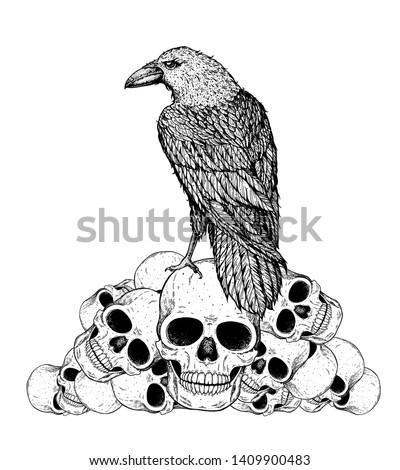 Black raven sits on the skulls. Skull and raven hand drawn illustration. Tattoo vintage print. Skull hand drawn print. Tattoo design. Pile of skulls and raven.