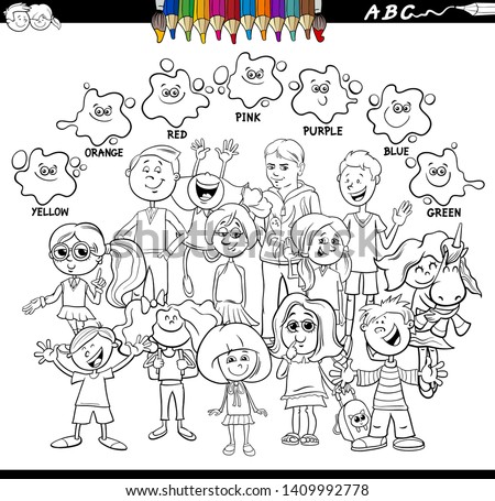 Black and White Cartoon Illustration of Basic Colors Educational Worksheet with Funny Children and Teen Characters Coloring Book
