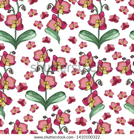 Seamless pattern with orchids. Handmade. Wallpaper, fabric or design of gift paper. Vector illustration

