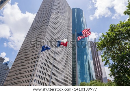 American Flags with Modern Buildings