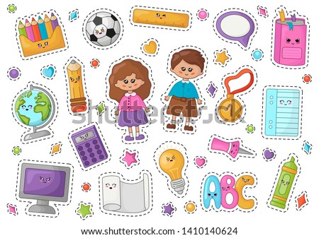 Set of kawaii school supplies, back to school or learning concept, cute cartoon characters - pencils, ball, kids - boy and girl, alphabet, book. Childrens vector flat illustration of education