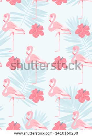 Pink flamingo with tropical leaves floral seamless pattern. Palm tree leaves with exotic birds. Flamingo floral background textile design. Great print for swimsuits.