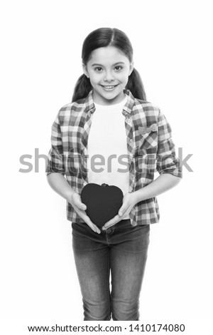 Greeting from sincere heart. Girl cute child hold heart symbol love. Celebrate valentines day. Love and romantic feelings concept. Red heart attribute of valentine. Heart gift or present. Me to you.