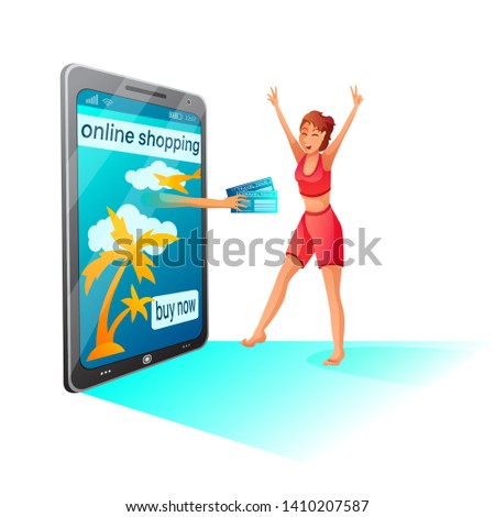 Buying tickets online flat vector illustration. Happy girl uses smartphone for online last minute travel buying. Tropical island, palms and plane on mobile screen. Mobile service for purchases