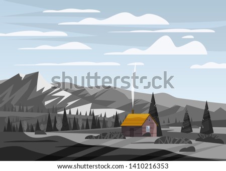 Mountain landscape valley rural countryside, farm house green meadows with mountains panorama horizon in trendy flat style and gray monochrome colour. Vector, illustration, isolated, baner, poster
