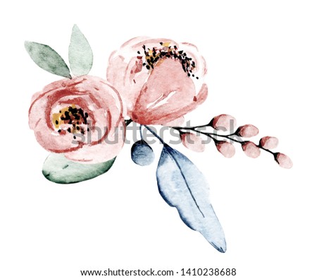Watercolor dusty pink flowers roses. Vintage floral clip art. Perfectly for printing design on invitation, card, wall art and other. Isolated on white background. Hand painting.