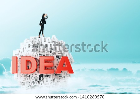 Businesswoman with creative idea light bulb on blue sky background with clouds. Innovation and ambition concept