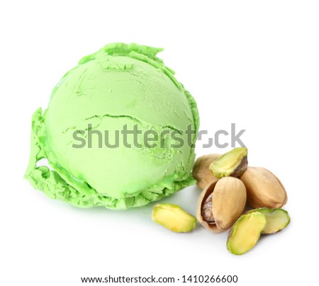 Tasty pistachio ice cream on white background