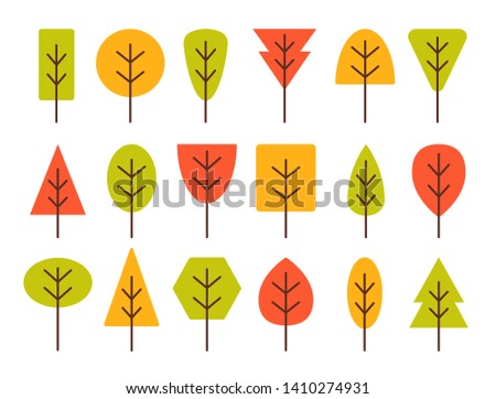 Simple geometric tree symbols. Flat icon set of autumn forest plants. Natural park & garden signs. Isolated object on white background