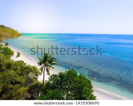 Beautiful Blue Clear Water, Green Palm Trees and white sand