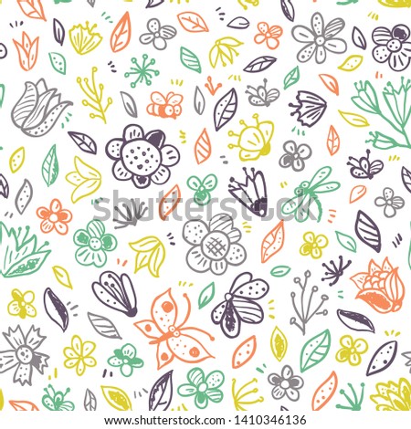 Summer floral pattern. Vector floral seamless pattern in doodle style on a white background. Useful for textile print, page fill, wrapping paper, web design
