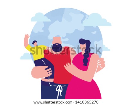 Happy Parents with Child Flat Vector Illustration. Father, Mother and Little Son Cartoon Characters. Parents with Boy Standing Together, Hugging. Family Day Celebration. Parental Care, Parenthood