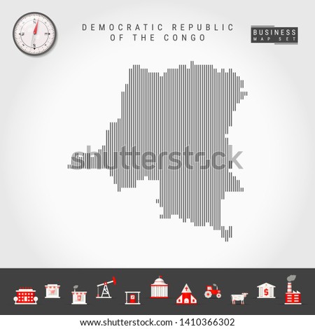 Vector Vertical Lines Pattern Map of Democratic Republic of the Congo. Striped Simple Silhouette. Realistic Compass. Business Infographic Icons.