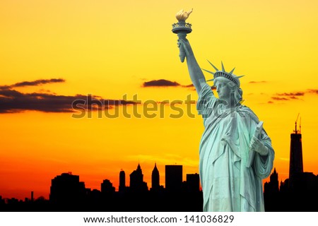 Manhattan Skyline and The Statue of Liberty at Sunset, New York City