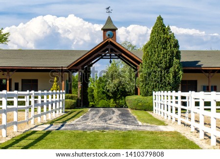Thoroughbred race horse breeding farm. Horses resting in the barn and training area. Royalty-Free Stock Photo #1410379808