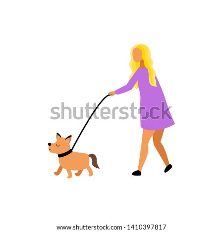 Pretty young woman with dog. Cute vector illustration. Dog walking.