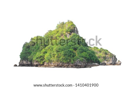 The tree mountain on the island isolated on white background.The mountain have small green tree many cover.