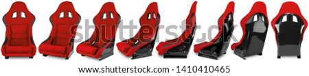 Collection or set of red black carbon fiber  race car bucket seat isolated on white background. Motorsport, Sim racing, and tuning concept.