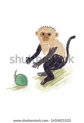 cute colorful long tail monkey with green coconut isolated on white background, Watercolor. Illustration. Template. Close-up. Clip art. Hand drawn. - Illustration