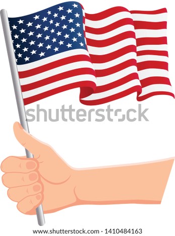 Hand holding and waving the national flag of United States Of America. Fans, independence day, patriotic concept. Vector illustration, eps 10.
