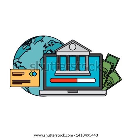laptop with bank building and ecommerce icons