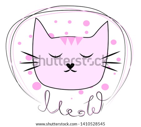 Hand drawn illustration of a funny cat face in a chain, with text Meow. Design concept for children.