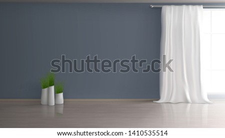 Home living room, apartment hall empty interior 3d realistic vector mockup with white curtain on large window, blue wall, parquet or laminate floor, group of flowerpots with green plants illustration