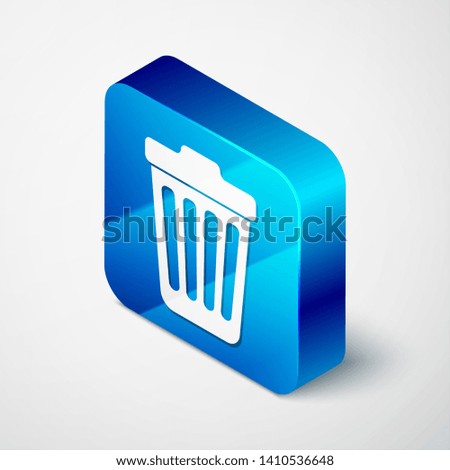 Isometric Trash can icon isolated on white background. Garbage bin sign. Blue square button. Vector Illustration