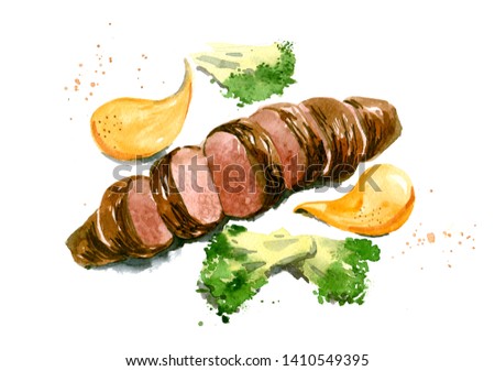 Fried meat, sliced, with yellow sauce and broccoli. Hand drawn watercolor illustration isolated on white background