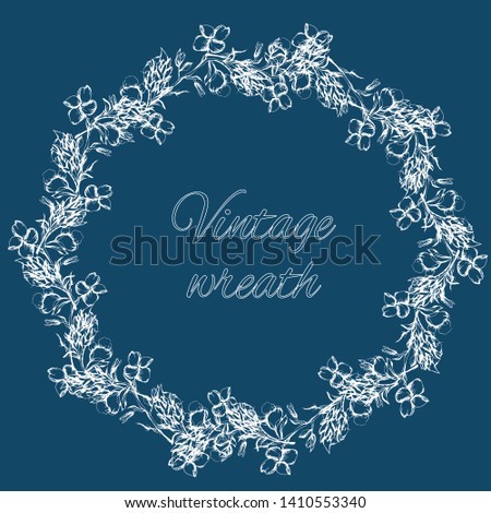 Wedding wreath of white flowers. Contour of delicate flowers and leaves. Vintage style