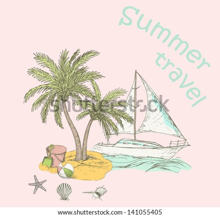 Summer travel background. Vintage vacation design with holiday elements