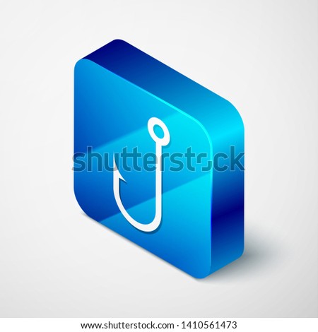 Isometric Fishing hook icon isolated on white background. Blue square button. Vector Illustration