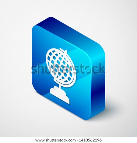 Isometric Earth globe icon isolated on white background. Blue square button. Vector Illustration