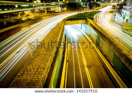 the light trails on the street in hongkong