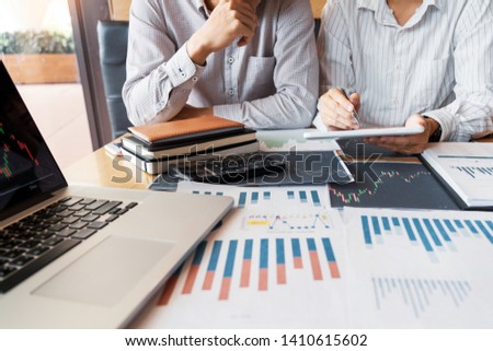 Working business man, team of broker or traders talking about forex on multiple computer screens of stock market invest trading financial graph charts data analysis