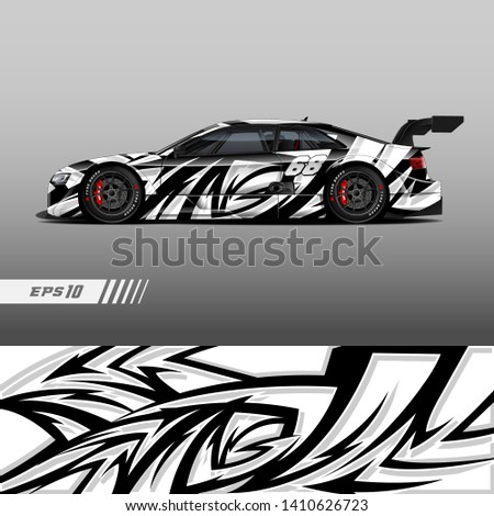 Racing car livery design. Graphic abstract stripe racing background kit designs for wrap vehicle, race car, rally and adventure.