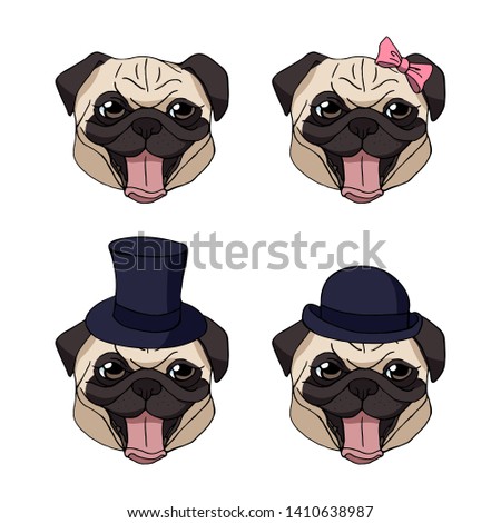 Set of four happy cute cartoon pug heads with different accessories isolated on white background. Dog illustration for your design. Raster copy