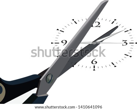 scissor cuts the hours of the clock cutting time Royalty-Free Stock Photo #1410641096