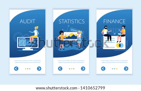 Accounting vertical banners collection with arrow buttons text and conceptual images of people screens and pictograms vector illustration