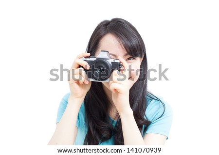  beautiful girl taking photos isolated on white background