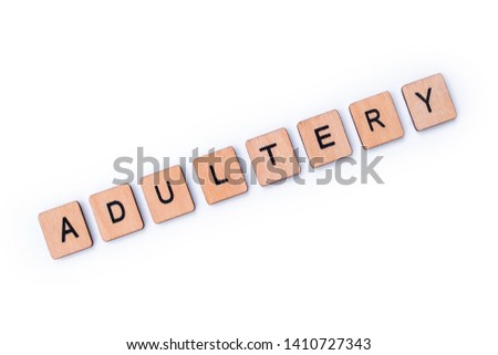 The word ADULTERY, spelt with wooden letter tiles over a plain white background. 