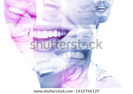 Laughing woman mouth with great teeth over white background. Healthy beautiful female smile. Teeth health, whitening, prosthetics and care. Royalty-Free Stock Photo #1410746129