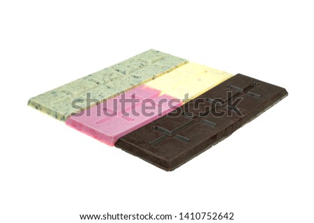 Chocolate pieces and bar on white background, Pictures of chocolate various types.