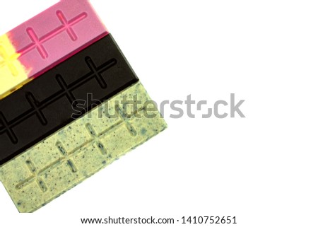 Chocolate pieces and bar on white background, Pictures of chocolate various types.