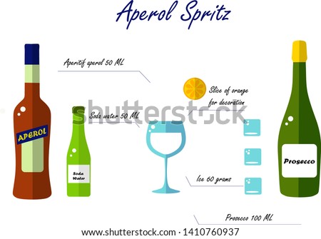 
Flat Aperol Spritz. Bottles, glass, orange, ice on a white background