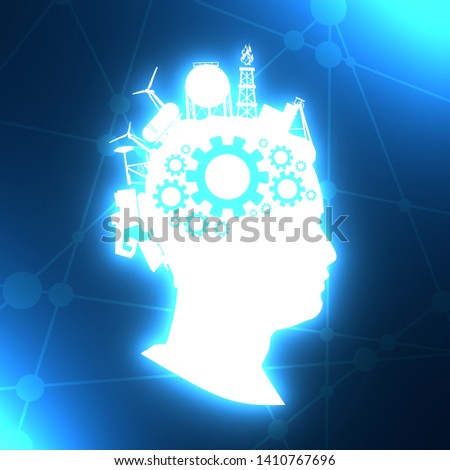 Man avatar profile view. Face silhouette with industrial icons as a hair. Mohawk hairstyle. Portrait with sunglasses. Gears group as a symbol of a brains. 3D rendering. Neon bulb illumination