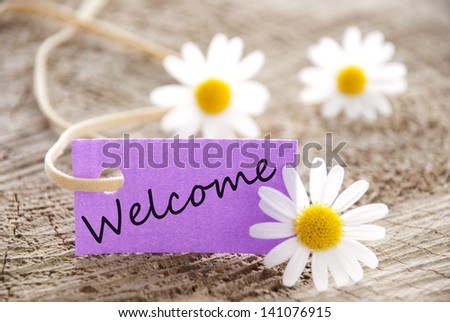 a purple banner with welcome on it and flowers in the background